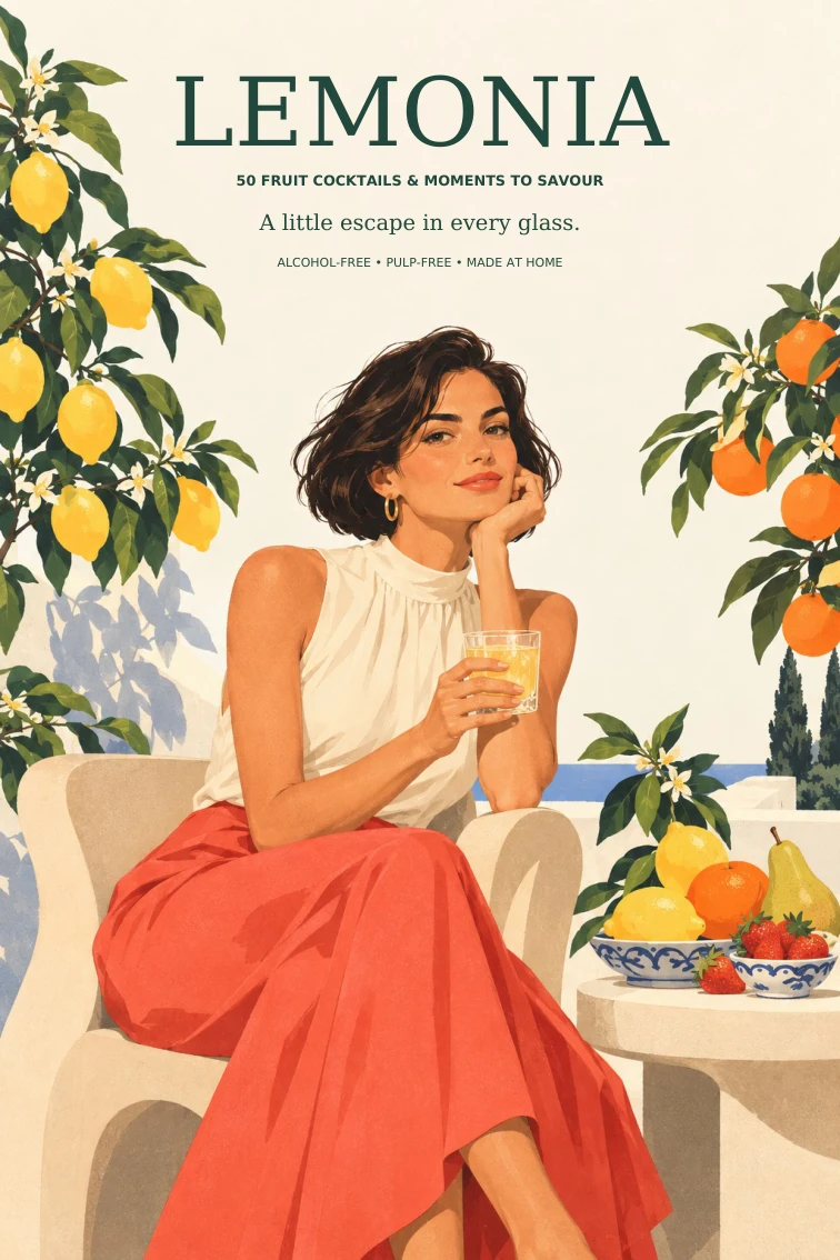 Lemonery cover: a woman holding a small glass among sunlit citrus trees